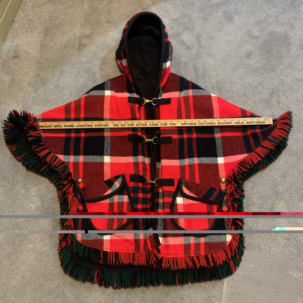 Vintage 70s  Red Plaid Wool Blend Reversible Fringe‎ Poncho Cape One Size